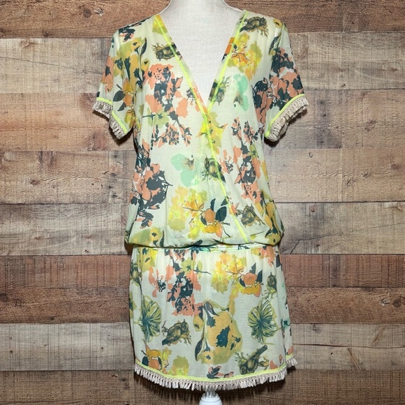 Maaji Lounge Swim Cover size Small Floral Yellow-Green Fringe Crisscross Sheer - Picture 1 of 7
